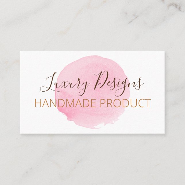 Pink Watercolor On White Handmade Business Card (Front)