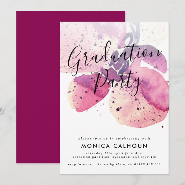 Pink Watercolor Orchid Graduation Party Invitation (Front/Back)