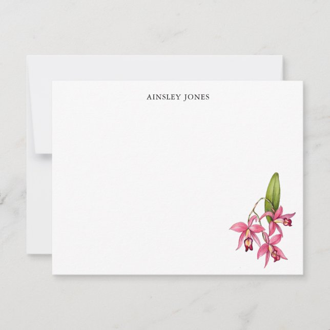 Pink Watercolor Orchid Personalised Stationery Card (Front)