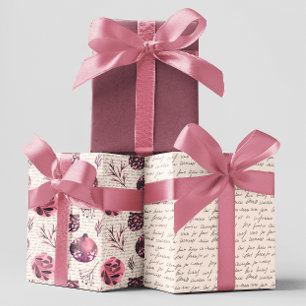 Pink Watercolor Ornaments Twigs Leaf Christmas Wrapping Paper Sheet