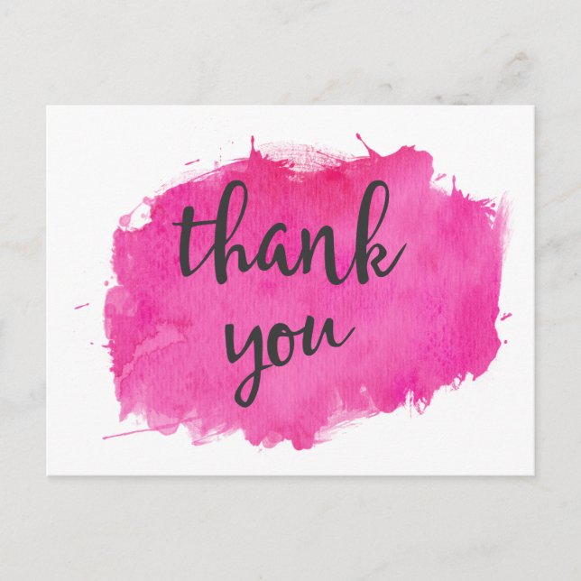 Pink Watercolor Paint Splatter Thank You Postcard (Front)