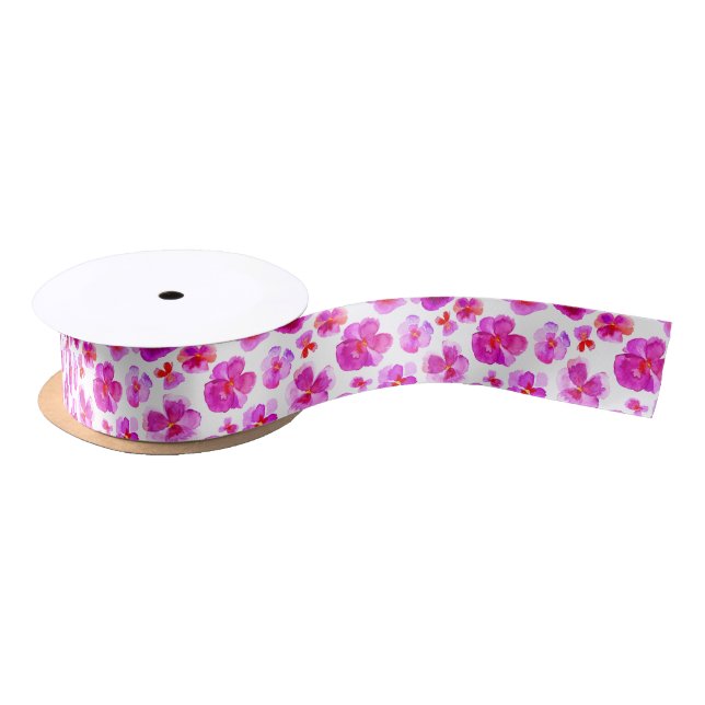 Pink watercolor pansy violas art ribbon satin ribbon (Spool)