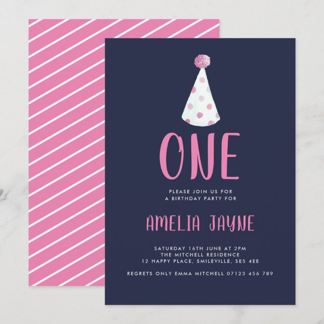 Pink Watercolor Party Hat First Birthday Party Invitation (Front/Back)