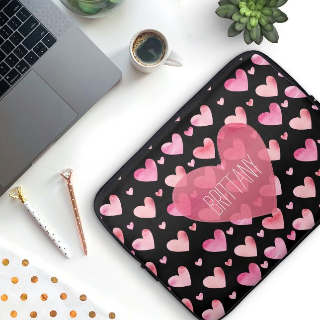 Pink Watercolor Patterned Hearts Valentines Laptop Sleeve (Heart Pattern Laptop Sleeve with custom name (add your own name to the heart))