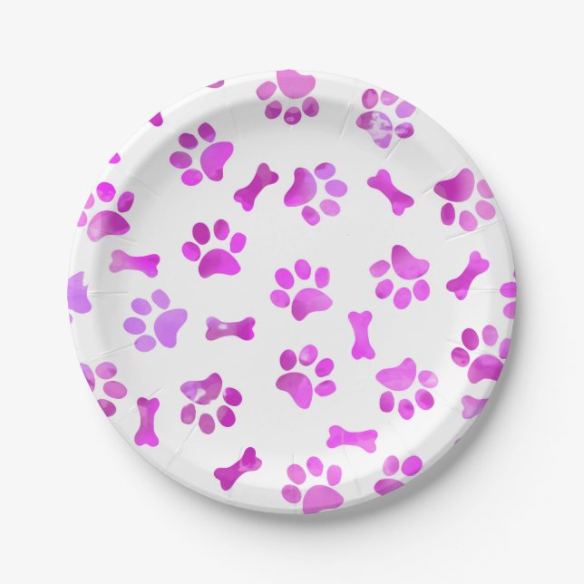 Pink Watercolor Paw Prints Birthday Paper Plate (Front)