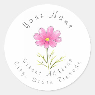 Pink Watercolor & Pen Cosmos Flower Address Label