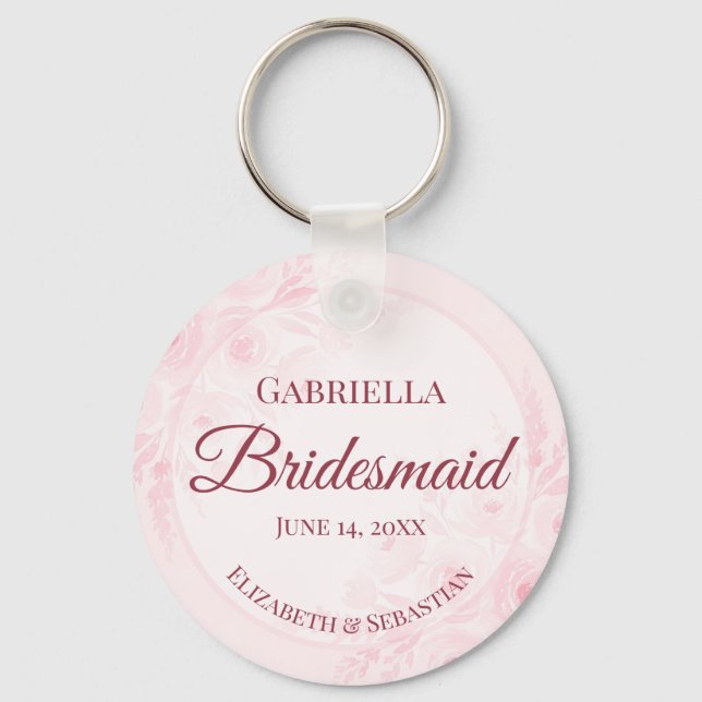 Pink Watercolor Peonies Bridesmaid Wedding Gift Key Ring (Front)