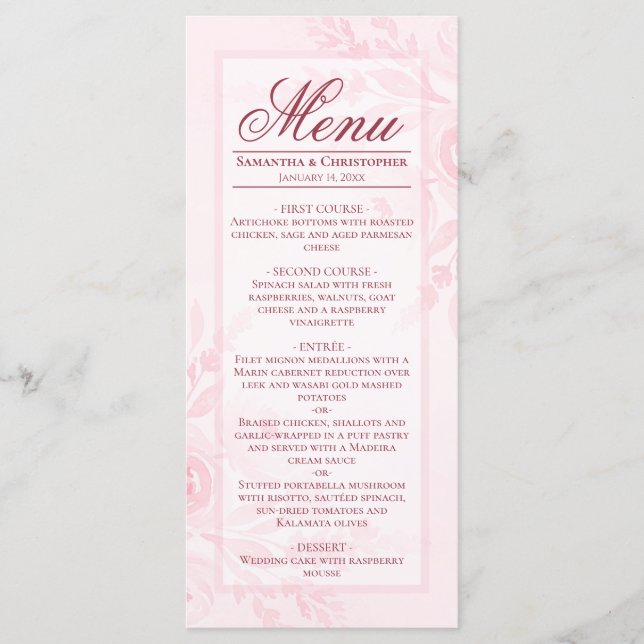 Pink Watercolor Peonies Elegant Boho Chic Wedding Menu (Front)