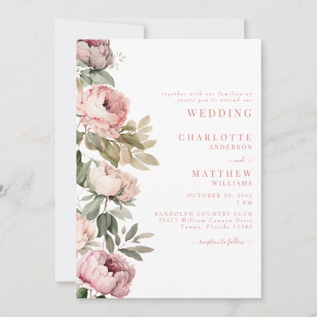 Pink Watercolor Peonies Elegant Wedding Pink Text Invitation (Front)