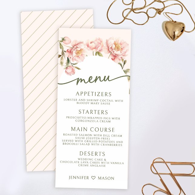 Pink watercolor peonies floral wedding menu Card (Creator Uploaded)