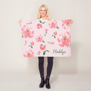 Pink Watercolor Peonies Green Script Custom Name   Fleece Blanket