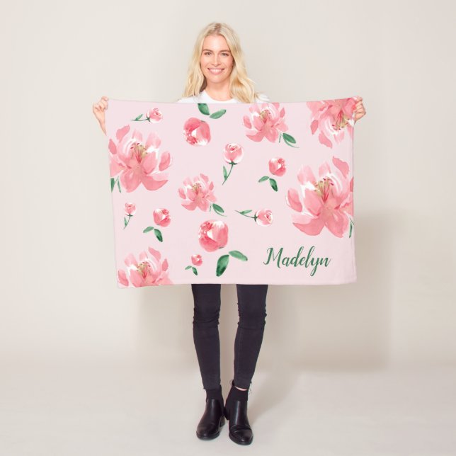 Pink Watercolor Peonies Green Script Custom Name   Fleece Blanket (In Situ)