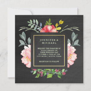 Pink Watercolor Peonies on Chalkboard Look Wedding Invitation
