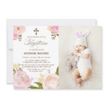 Pink Watercolor Peonies Photo Baptism Invitation