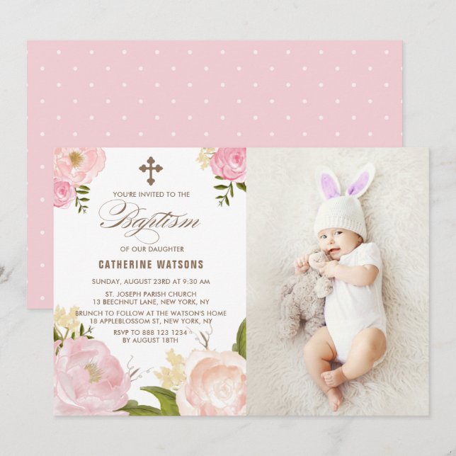 Pink Watercolor Peonies Photo Baptism Invitation (Front/Back)