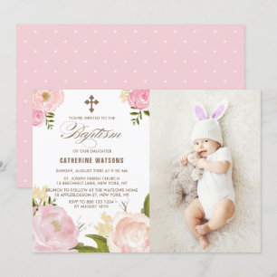 Pink Watercolor Peonies Photo Baptism Invitation