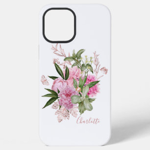 Pink Watercolor Peonies Rose Gold Butterfly Name iPhone 12 Pro Max Case