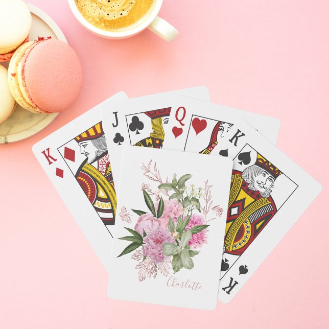 Pink Watercolor Peonies Rose Gold Butterfly Name Playing Cards (Creator Uploaded)