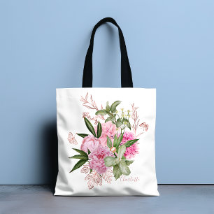 Pink Watercolor Peonies Rose Gold Butterfly Name Tote Bag