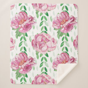 Pink Watercolor Peonies Sherpa Blanket