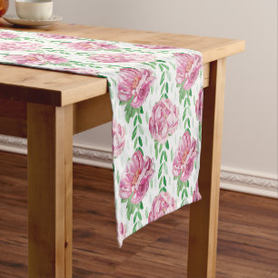 Pink  Watercolor Peonies Short Table Runner