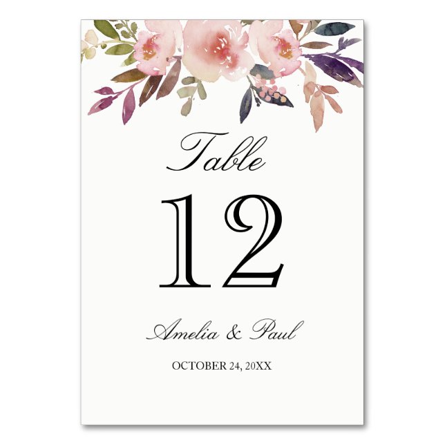 Pink Watercolor Peonies Wedding Table Number Cards (Front)