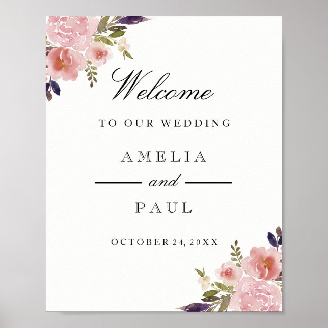 Pink Watercolor Peonies Welcome Wedding Sign (Front)