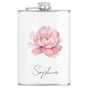 Pink Watercolor Peony Custom Blade Hip Flask