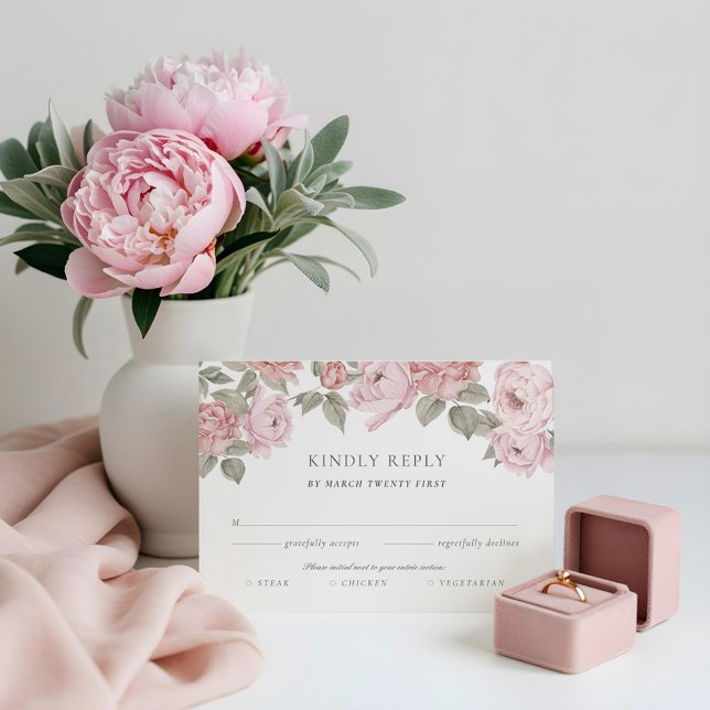 Pink Watercolor Peony Florals RSVP Entrée Choices Card (Pink Watercolor Peony Florals RSVP Entrée Choices)