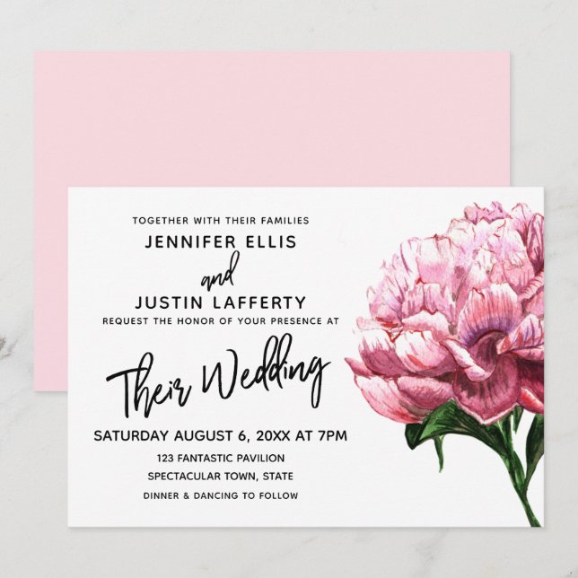 Pink Watercolor Peony Flower, Modern Wedding Invitation (Front/Back)