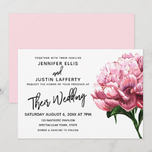 Pink Watercolor Peony Flower, Modern Wedding Invitation