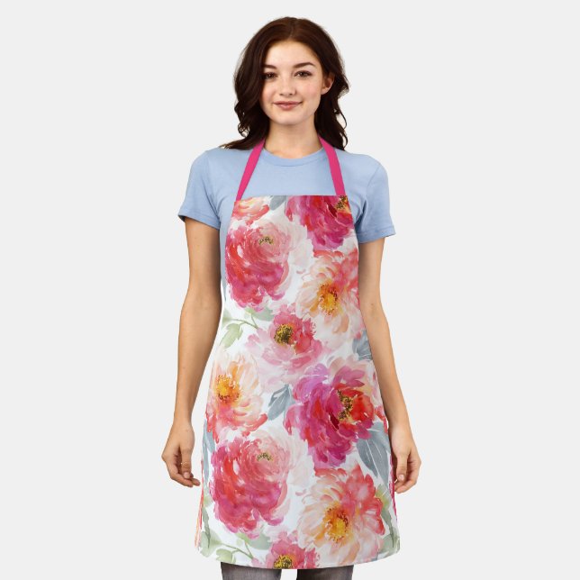 Pink Watercolor Peony Flower Pattern Apron (Worn)