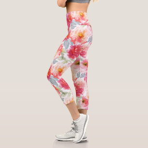 Pink Watercolor Peony Flower Pattern Capri Leggings
