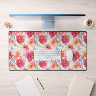 Pink Watercolor Peony Flower Pattern Desk Mat