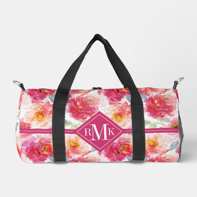 Pink Watercolor Peony Flower Pattern Duffle Bag (Front)