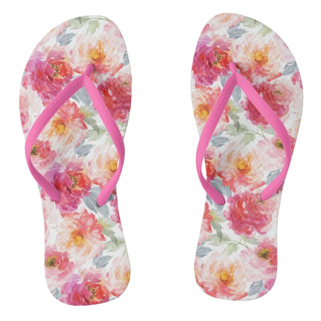 Pink Watercolor Peony Flower Pattern Flip Flops (Footbed)