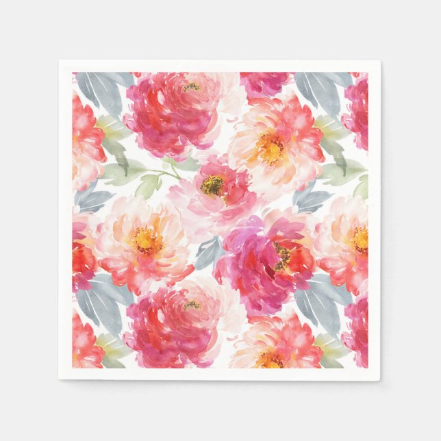 Pink Watercolor Peony Flower Pattern Napkin (Front)