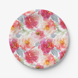 Pink Watercolor Peony Flower Pattern Paper Plate