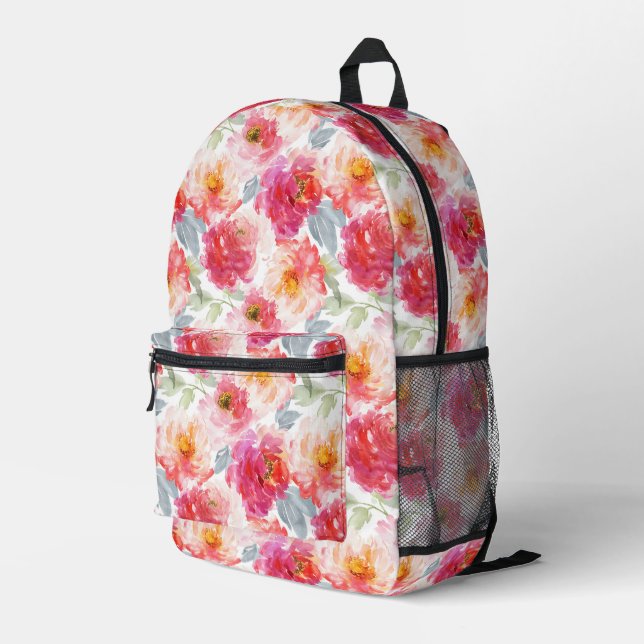 Pink Watercolor Peony Flower Pattern Printed Backpack (Back Corner Right)