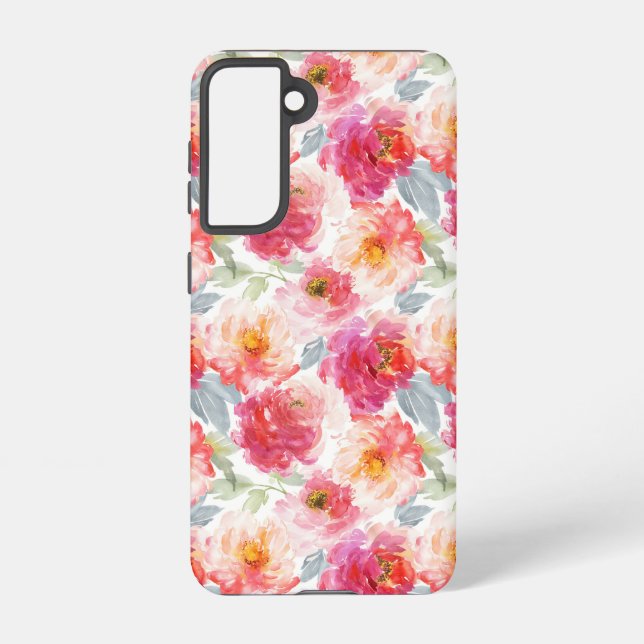 Pink Watercolor Peony Flower Pattern Samsung Galaxy S21 Case (Back)