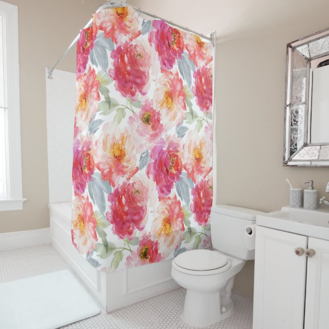 Pink Watercolor Peony Flower Pattern Shower Curtain (In Situ)