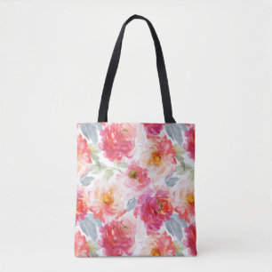 Pink Watercolor Peony Flower Pattern Tote Bag
