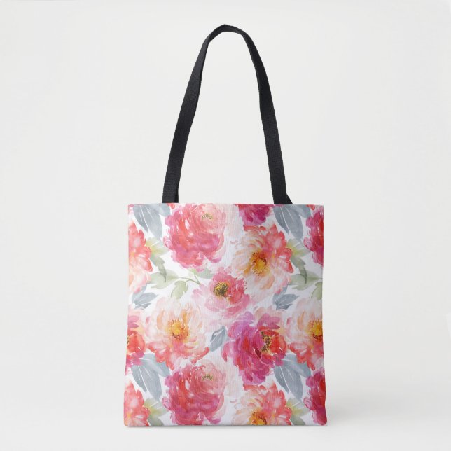 Pink Watercolor Peony Flower Pattern Tote Bag (Front)