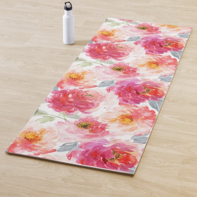 Pink Watercolor Peony Flower Pattern Yoga Mat (In Situ)