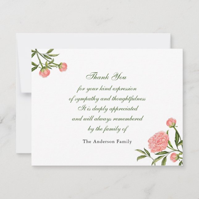 Pink watercolor peony flower  thank you card (Front)
