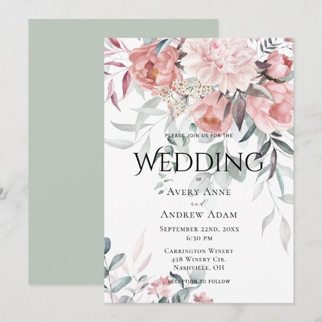 Pink Watercolor Peony Greenery Wedding Invitation (Front/Back)
