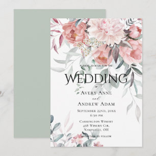 Pink Watercolor Peony Greenery Wedding Invitation