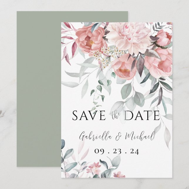 Pink Watercolor Peony Greenery Wedding Save The Date (Front/Back)