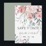 Pink Watercolor Peony Greenery Wedding Save The Date<br><div class="desc">Beautiful modern elegant pink delicate and cream coloured flowers with soft watercolor greenery. Pink peonies. Soft pastel green back of card. This “Save the Date” elegant & romantic and an all season card. Beyond sophistication. A simple and chic typography is also added to finish this wedding reminder in a beyond...</div>