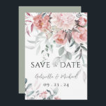 Pink Watercolor Peony Greenery Wedding Save The Date<br><div class="desc">Beautiful modern elegant pink delicate and cream coloured flowers with soft watercolor greenery. Pink peonies. Soft pastel green back of card. This “Save the Date” elegant & romantic and an all season card. Beyond sophistication. A simple and chic typography is also added to finish this wedding reminder in a beyond...</div>